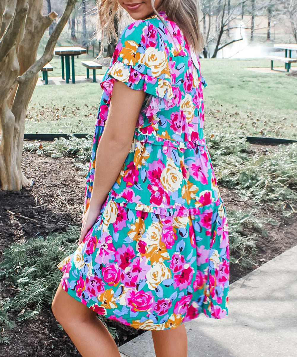 Rose Floral Print Ruffled Short Dress