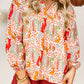 Printed Split V Neck Puff Sleeve Blouse