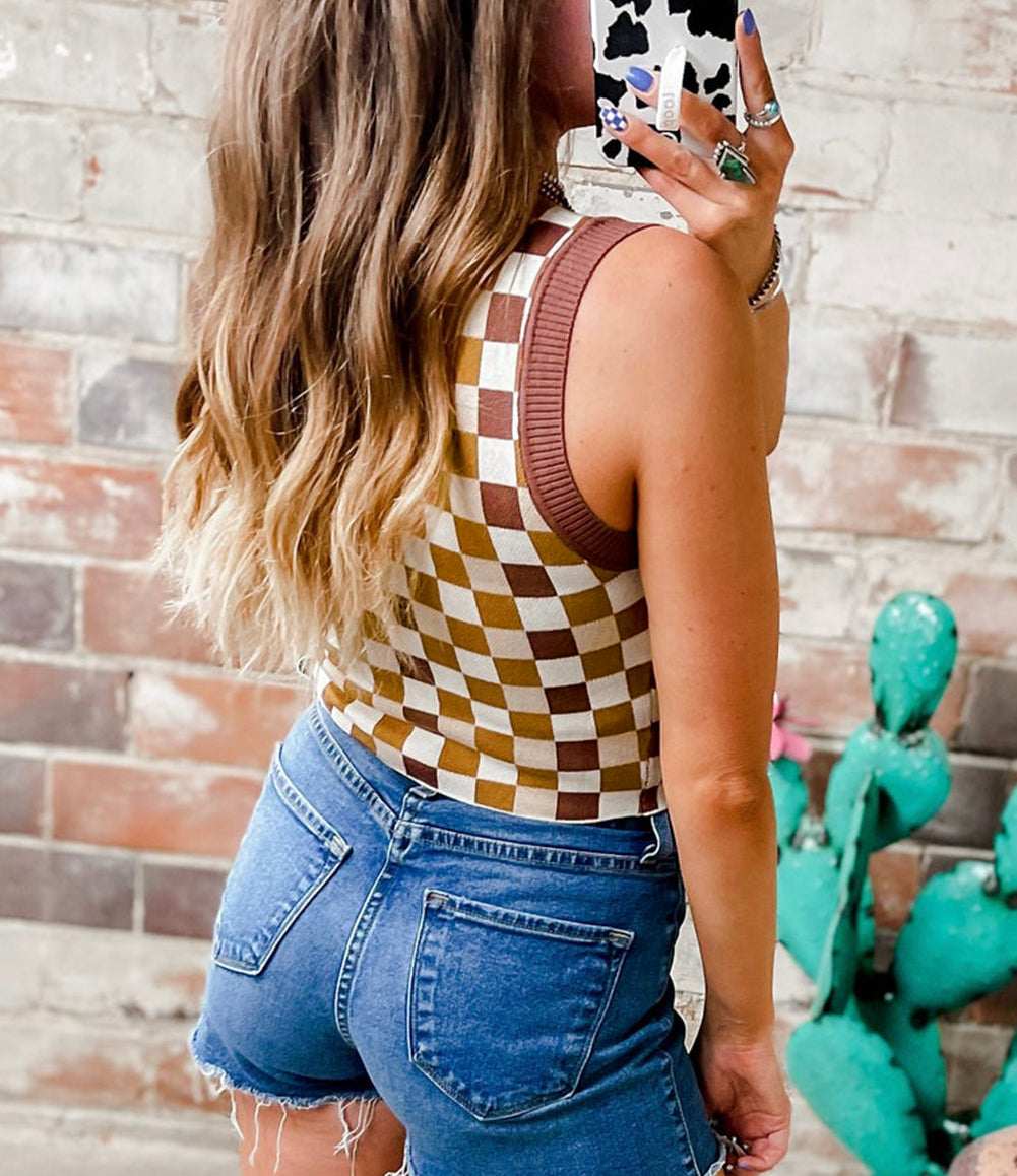 Checkered Ribbed Trim Knit Sweater Vest