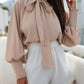 Frilled Knotted Mock Neck Bishop Sleeve Blouse