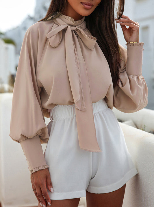 Frilled Knotted Mock Neck Bishop Sleeve Blouse