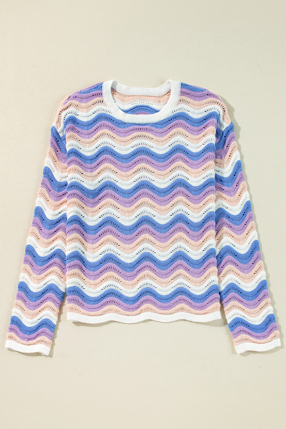 Stripe Wavy Pointelle Knit Drop Shoulder Sweater