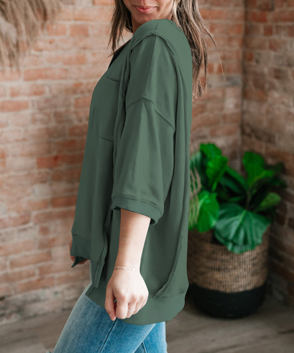 Exposed Seam Chest Pocket Split Loose T Shirt