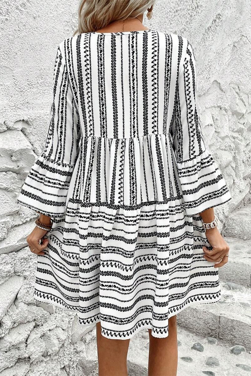 Stripe V Neck Bell Sleeve High Waist Mini Dress