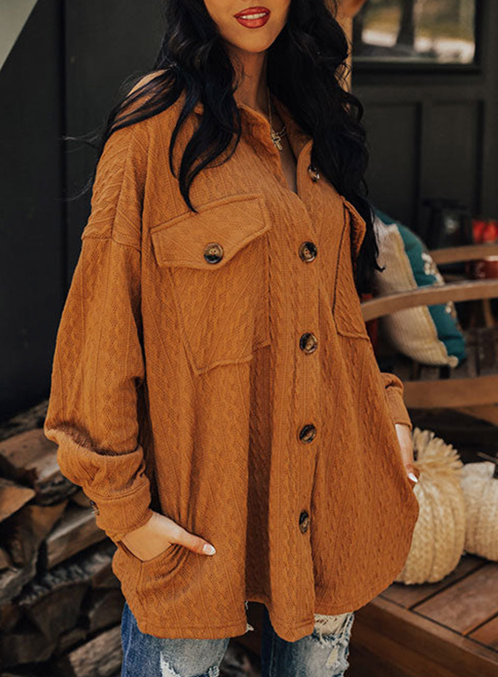 Textured Knit Oversize Flap Pocket Shacket