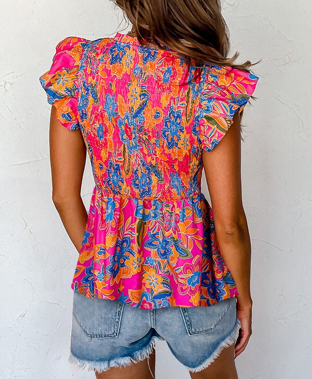 Floral Print Smocked Ruffle Trim Flutter Sleeve Blouse