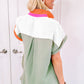 Crinkled Colorblock Raw Hemline Short Sleeves Shirt