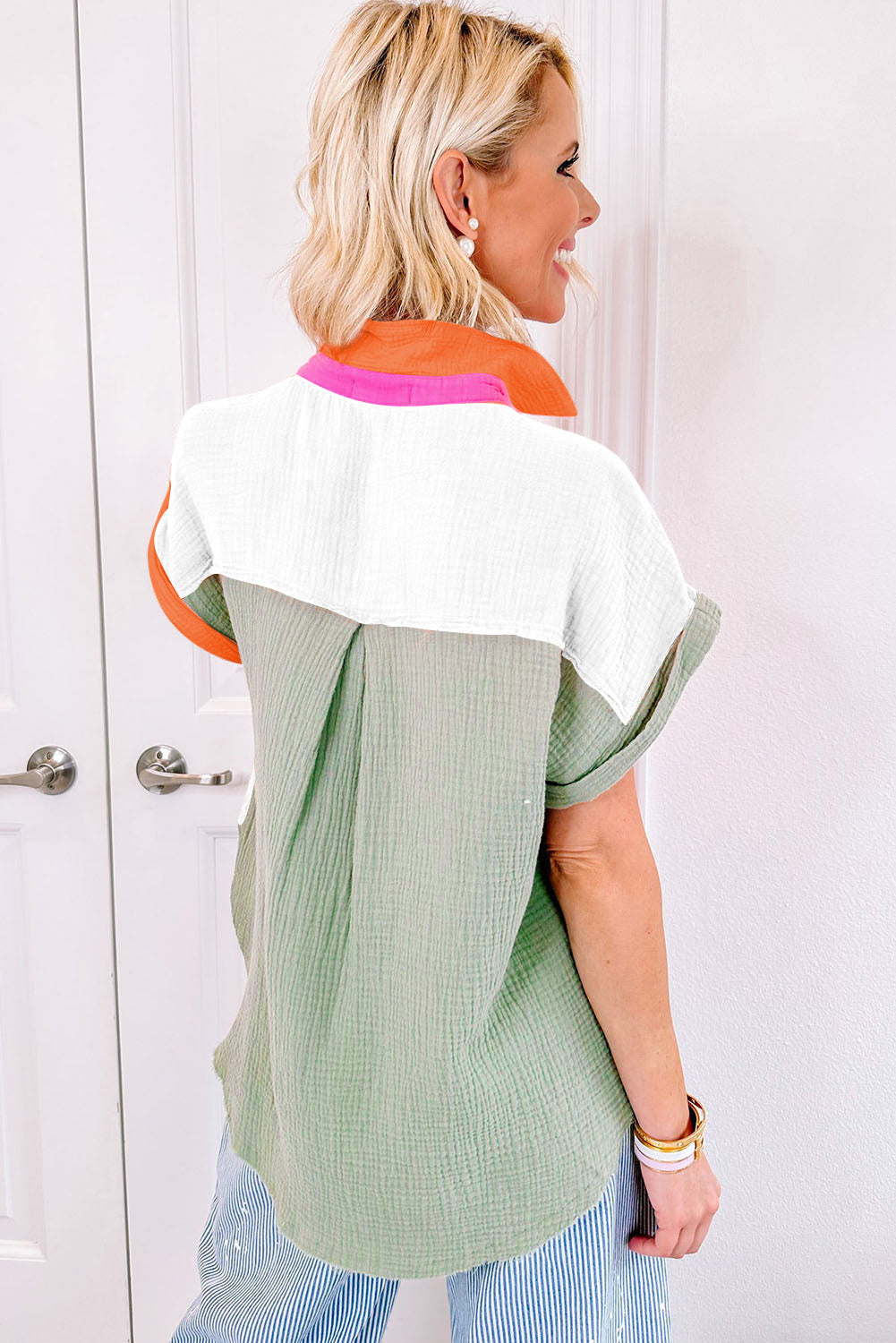 Crinkled Colorblock Raw Hemline Short Sleeves Shirt