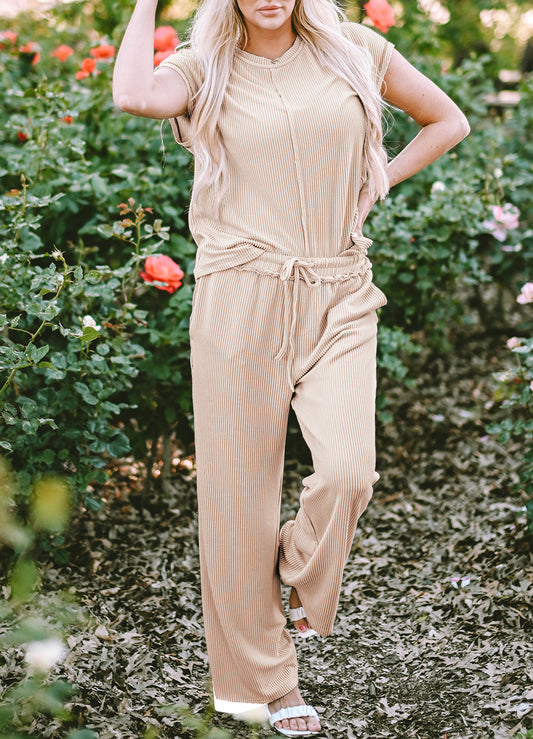 Exposed Seam Ribbed Tee and Pants Two-piece Outfit