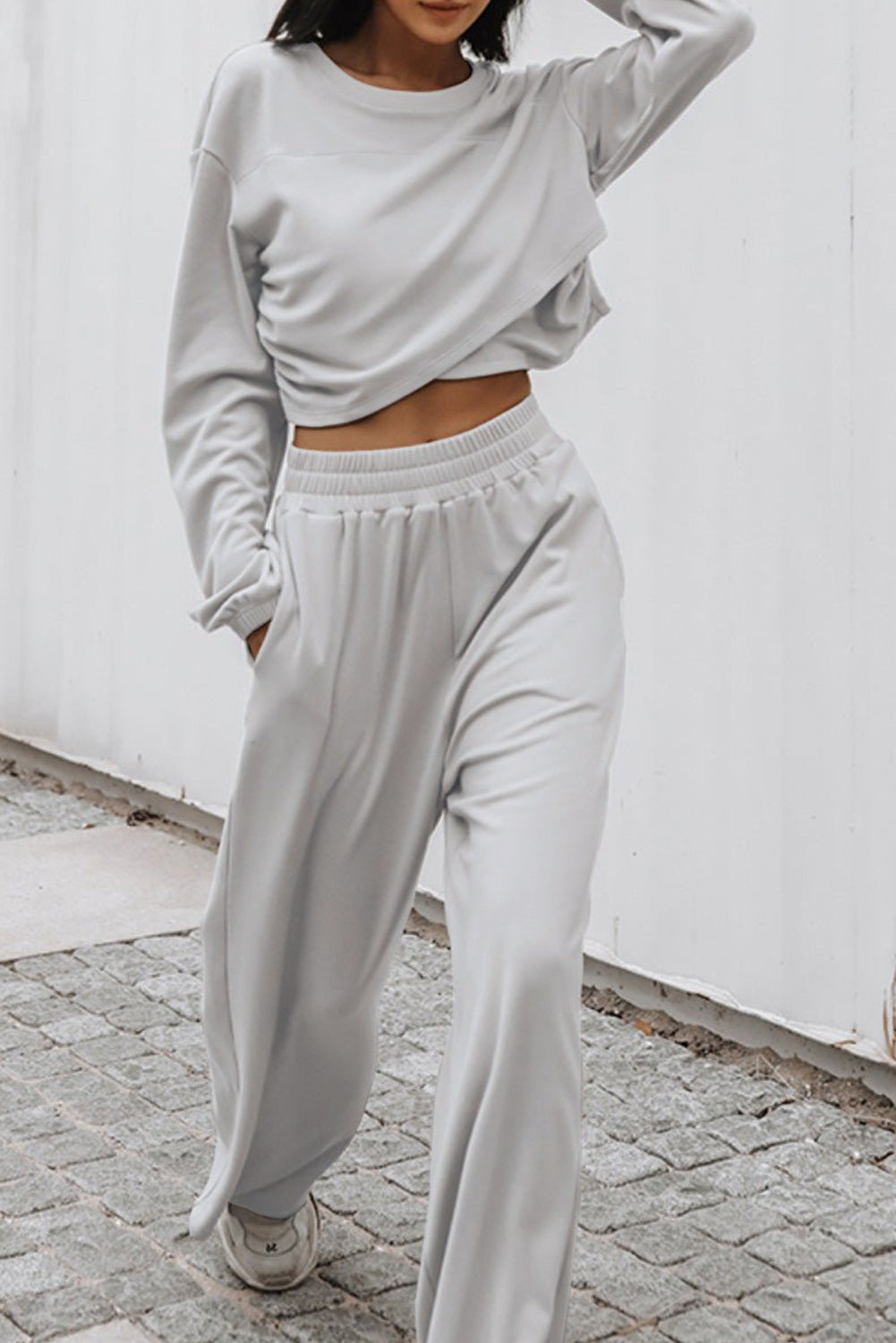 Solid Criss Cross Crop Top and Pants Active Set