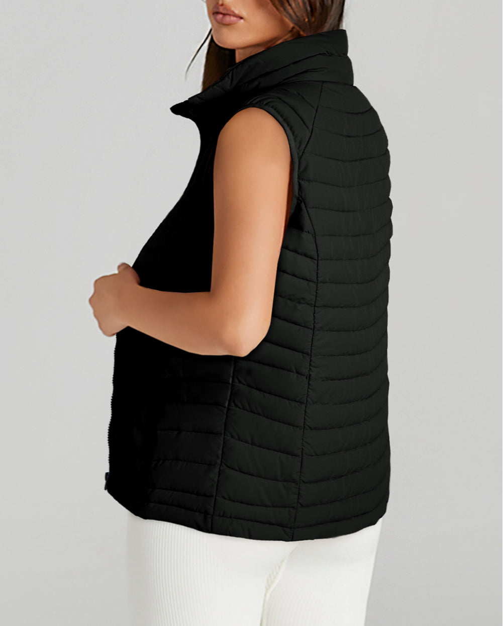 Black Plush Collared Quilted Zipped Puffer Vest