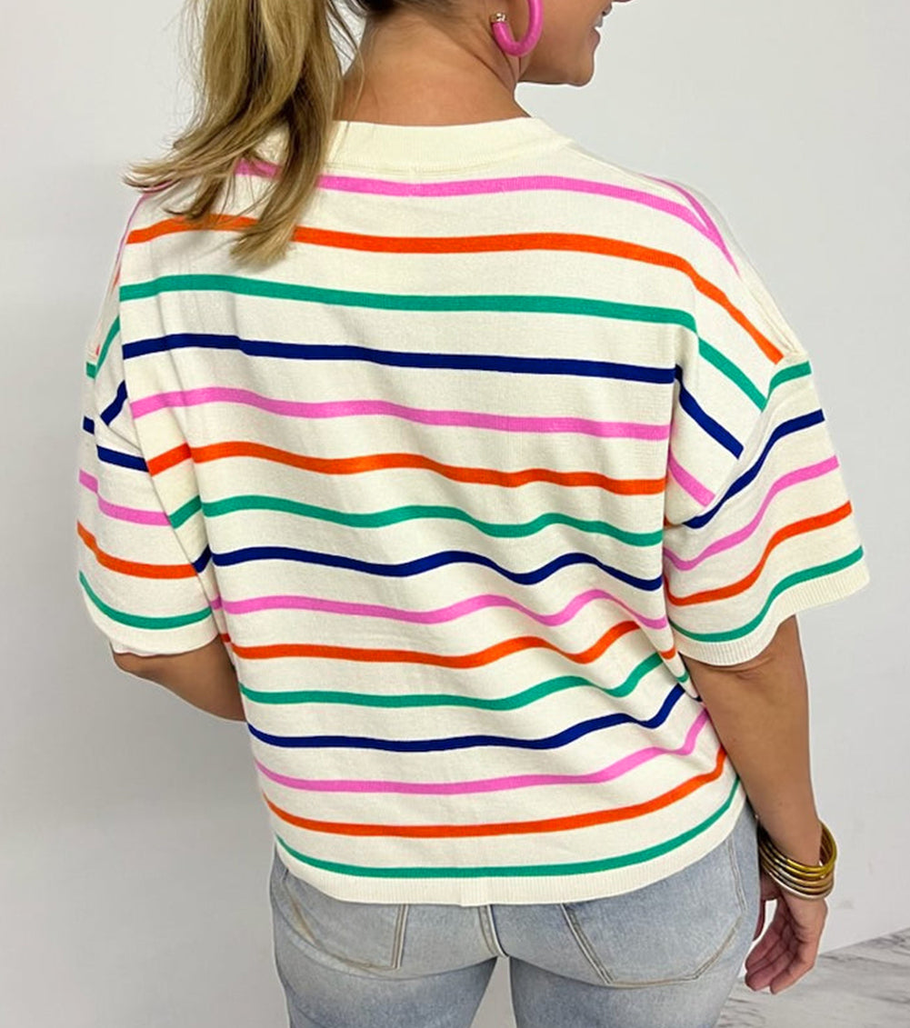 Stripe Dropped Short Sleeve Boxy Fit Knitted Top