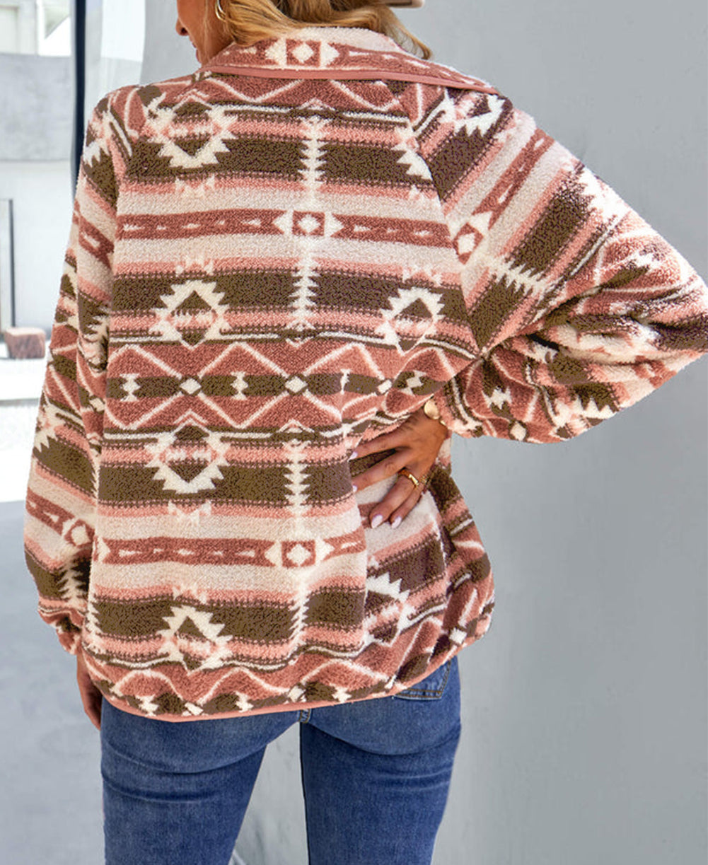 Western Colorblock Snap Buttoned Sherpa Jacket