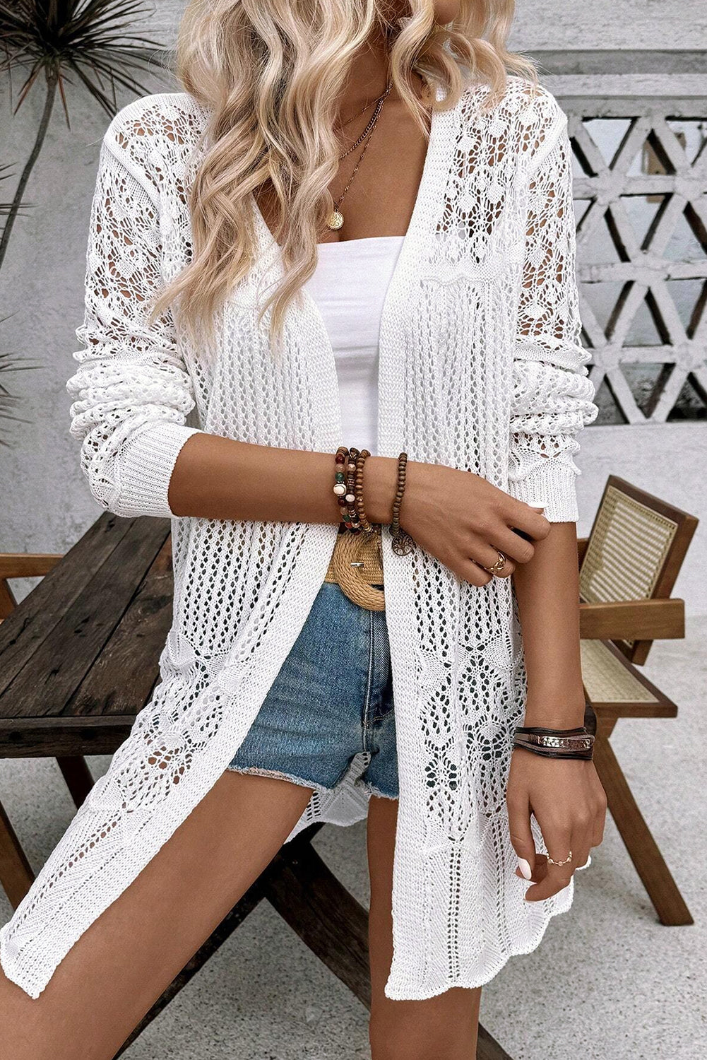 Crochet Hollow Out Open Front Cardigan