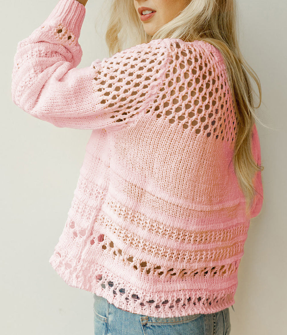 Solid Color Pointelle Knit Puff Sleeve Sweater