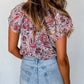 Floral Ruffled Short Sleeve V Neck Blouse