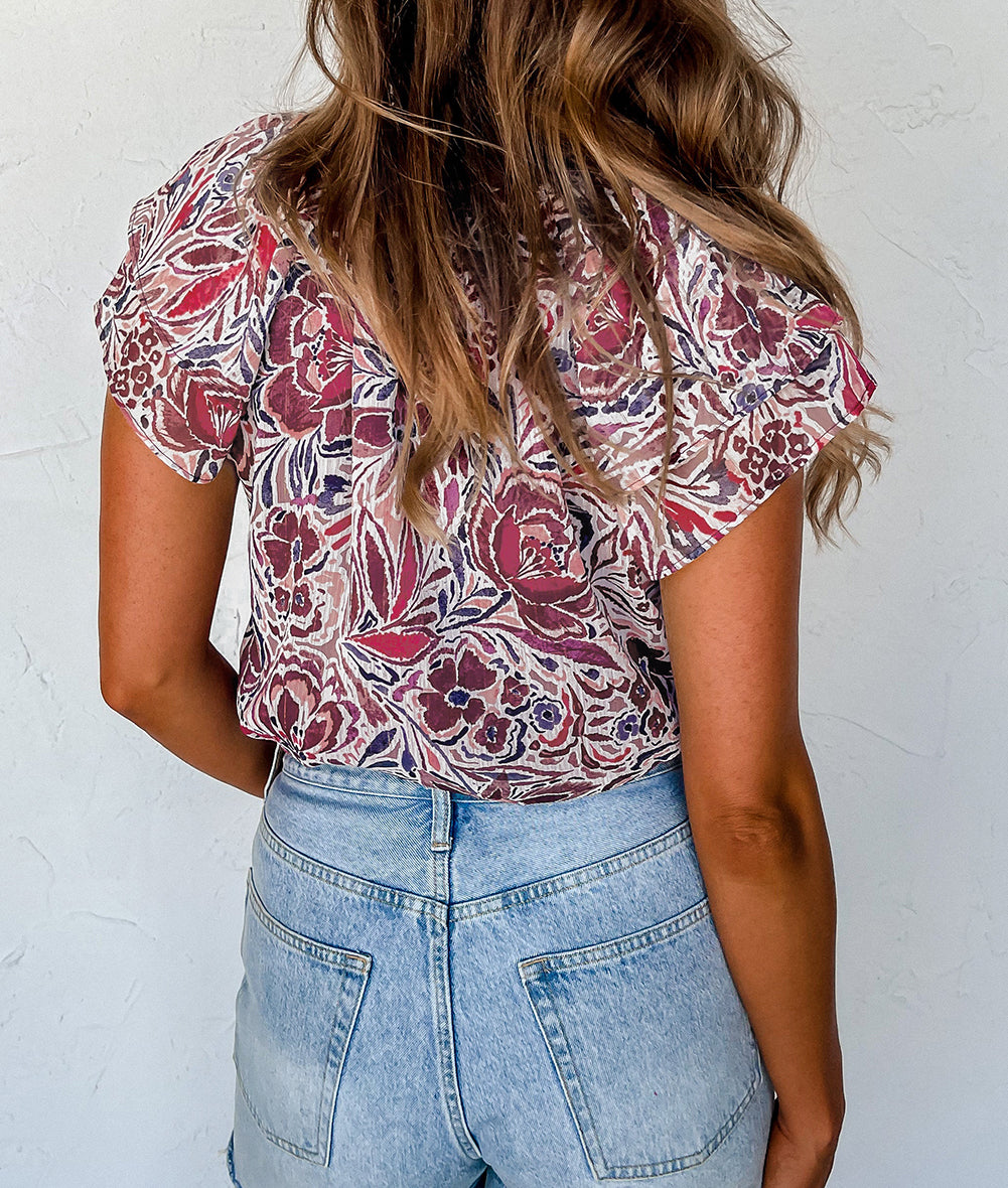 Floral Ruffled Short Sleeve V Neck Blouse