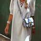 Lace-up V Neck Bubble Sleeve Short Shift Dress