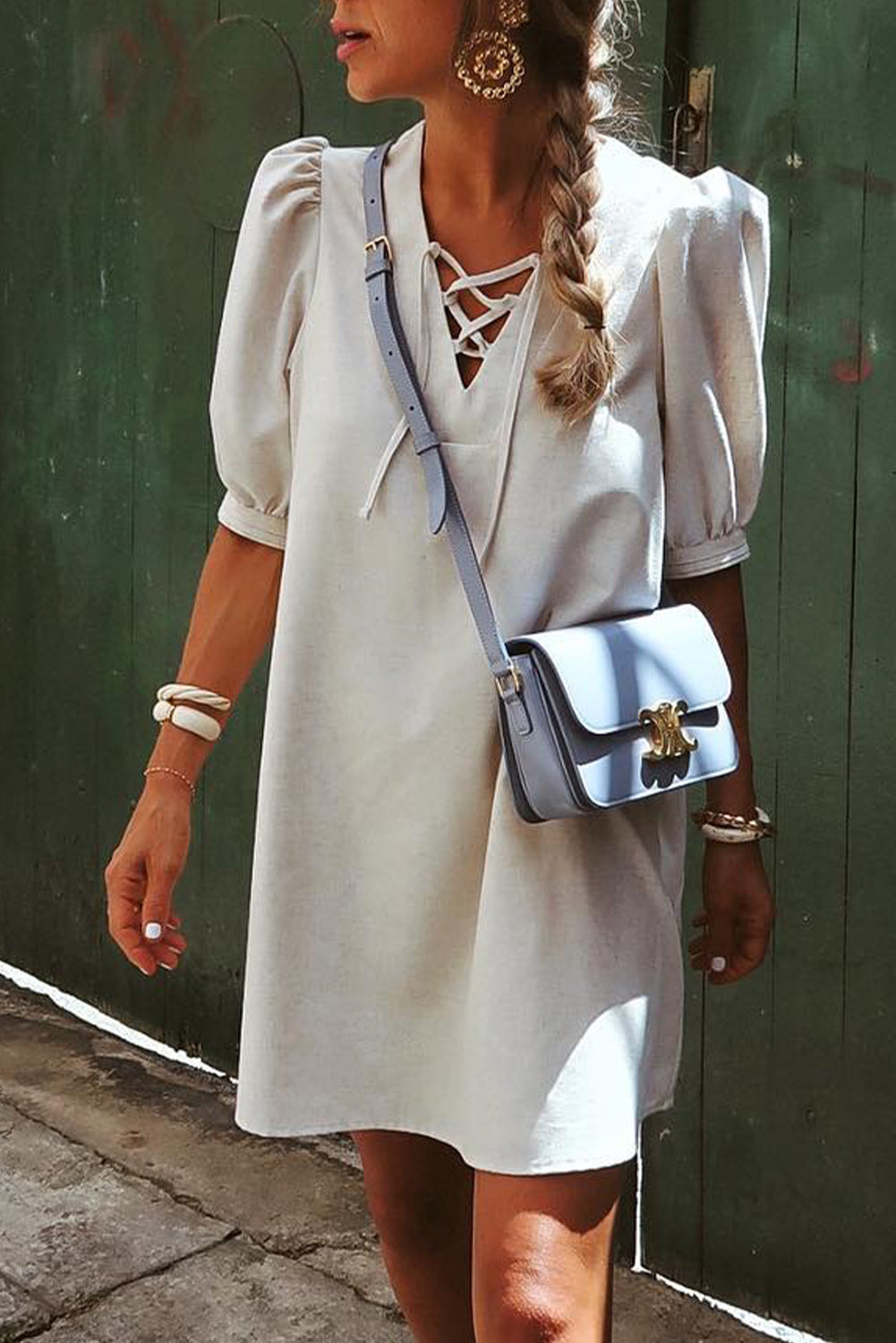 Lace-up V Neck Bubble Sleeve Short Shift Dress