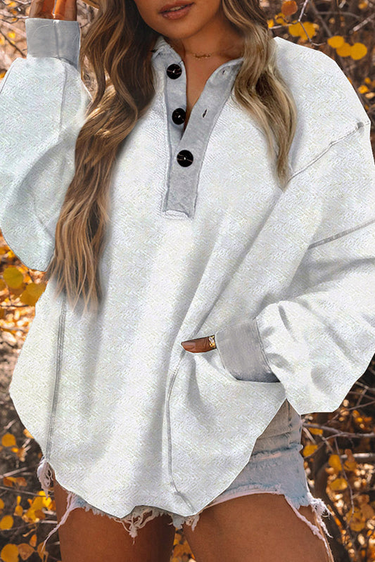 Textured Side Pockets Buttoned Neckline Sweatshirt