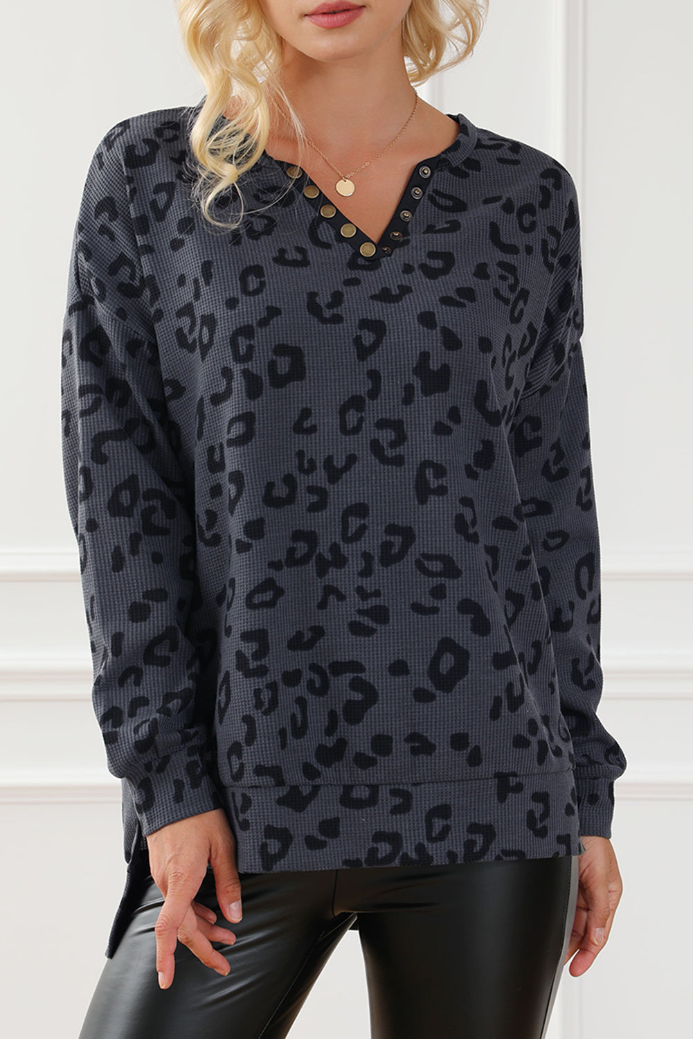Leopard Print Button Split Neck Waffle Sweatshirt