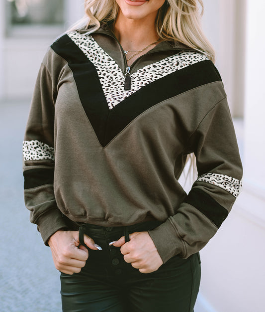 Leopard Contrast Splicing Quarter Zip Sweatshirt