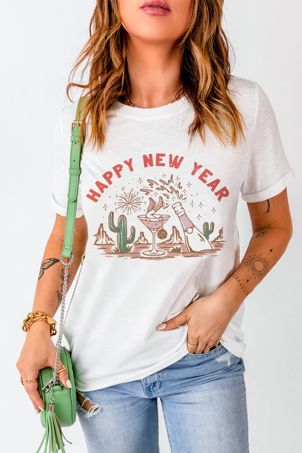 HAPPY NEW YEAR Western Pattern Crewneck T Shirt