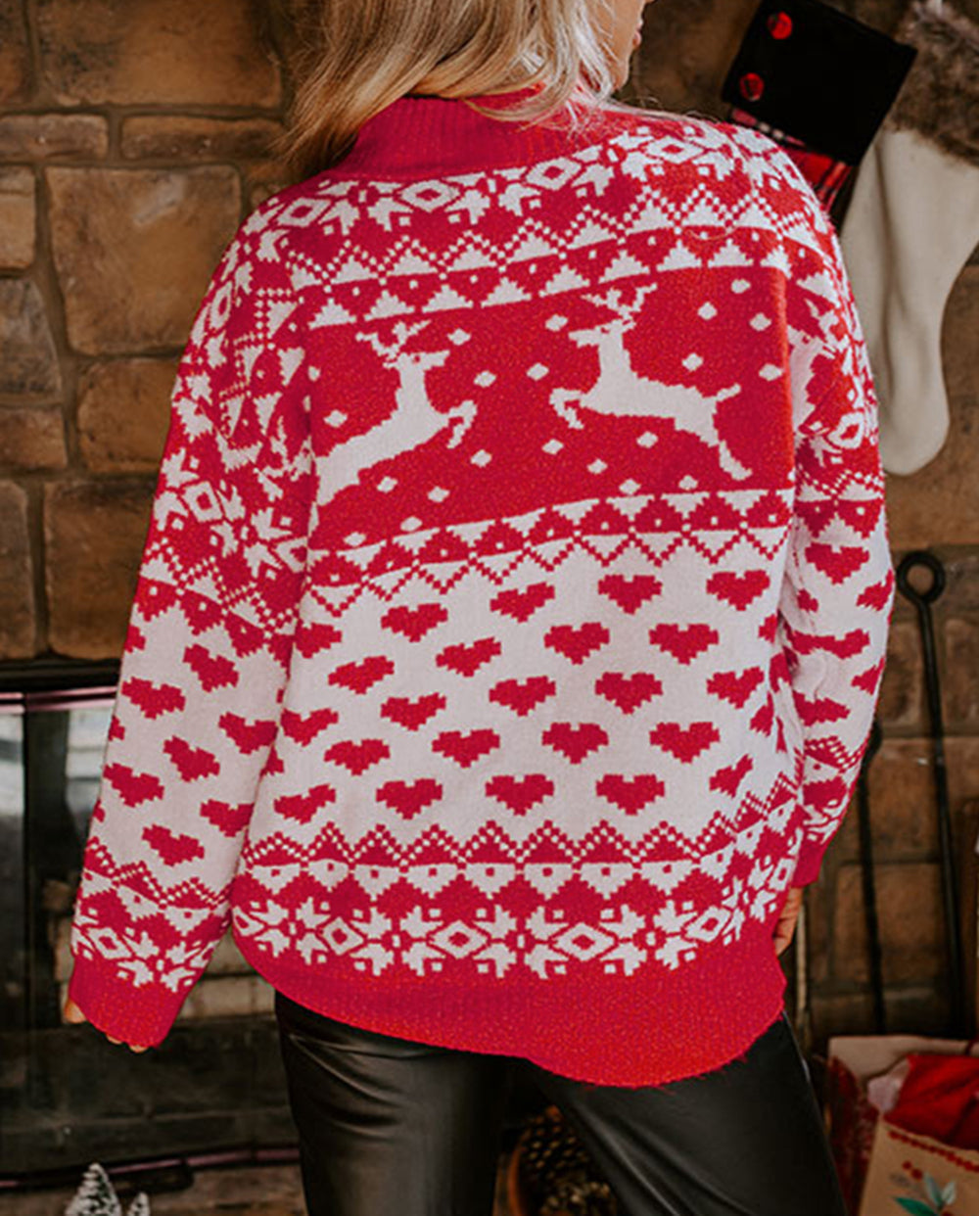 Merry Christmas Reindeer Heart Pattern High Neck Sweater