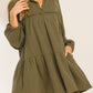Frayed Trim Split Neck Puff Sleeve Flared Dress