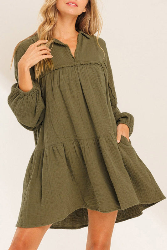 Frayed Trim Split Neck Puff Sleeve Flared Dress