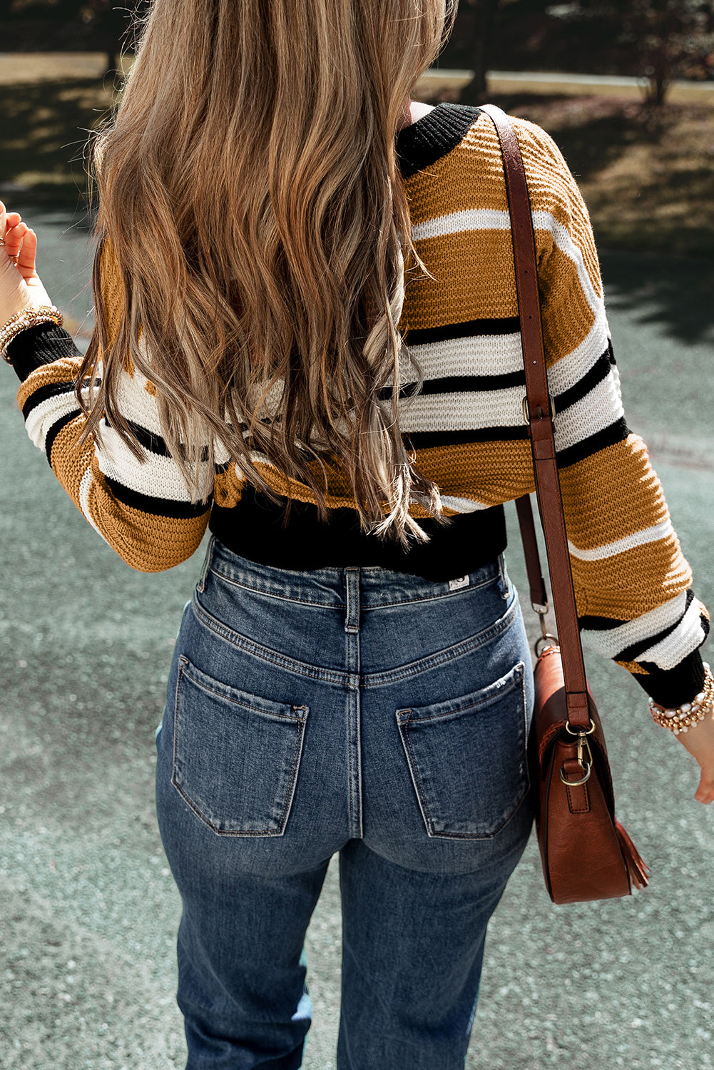 Stripe V Neck Textured Knit Sweater