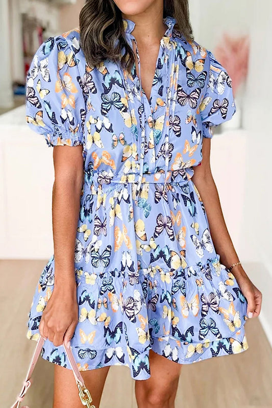 Butterfly Print Short Puff Sleeve Pleated Ruffle Dress