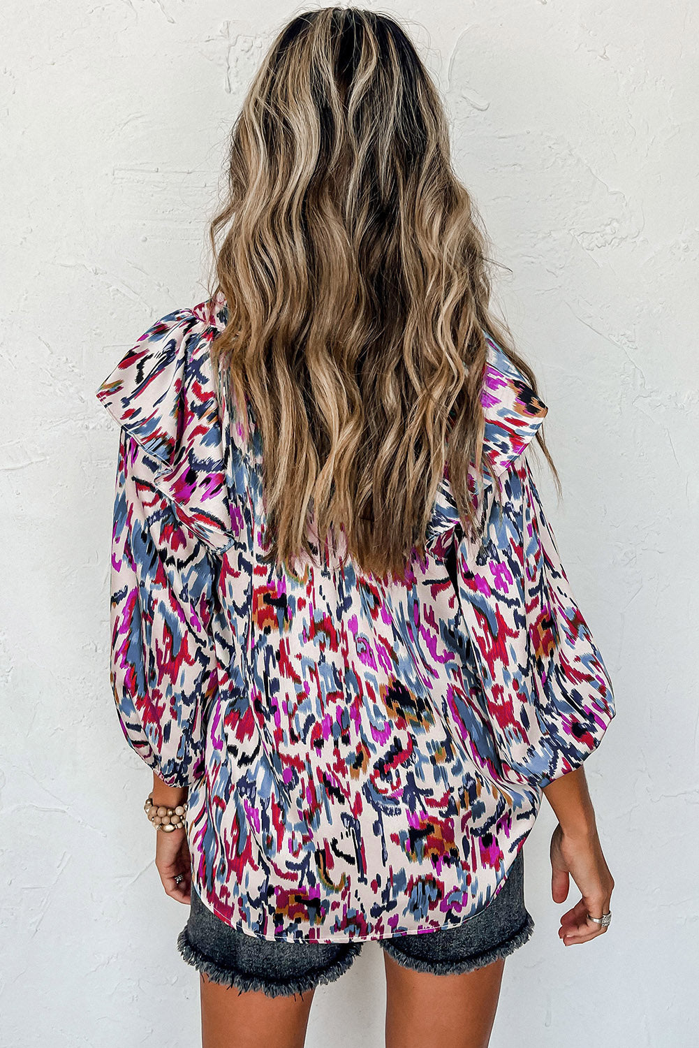 Abstract Print 3/4 Puff Sleeve Ruffle Blouse