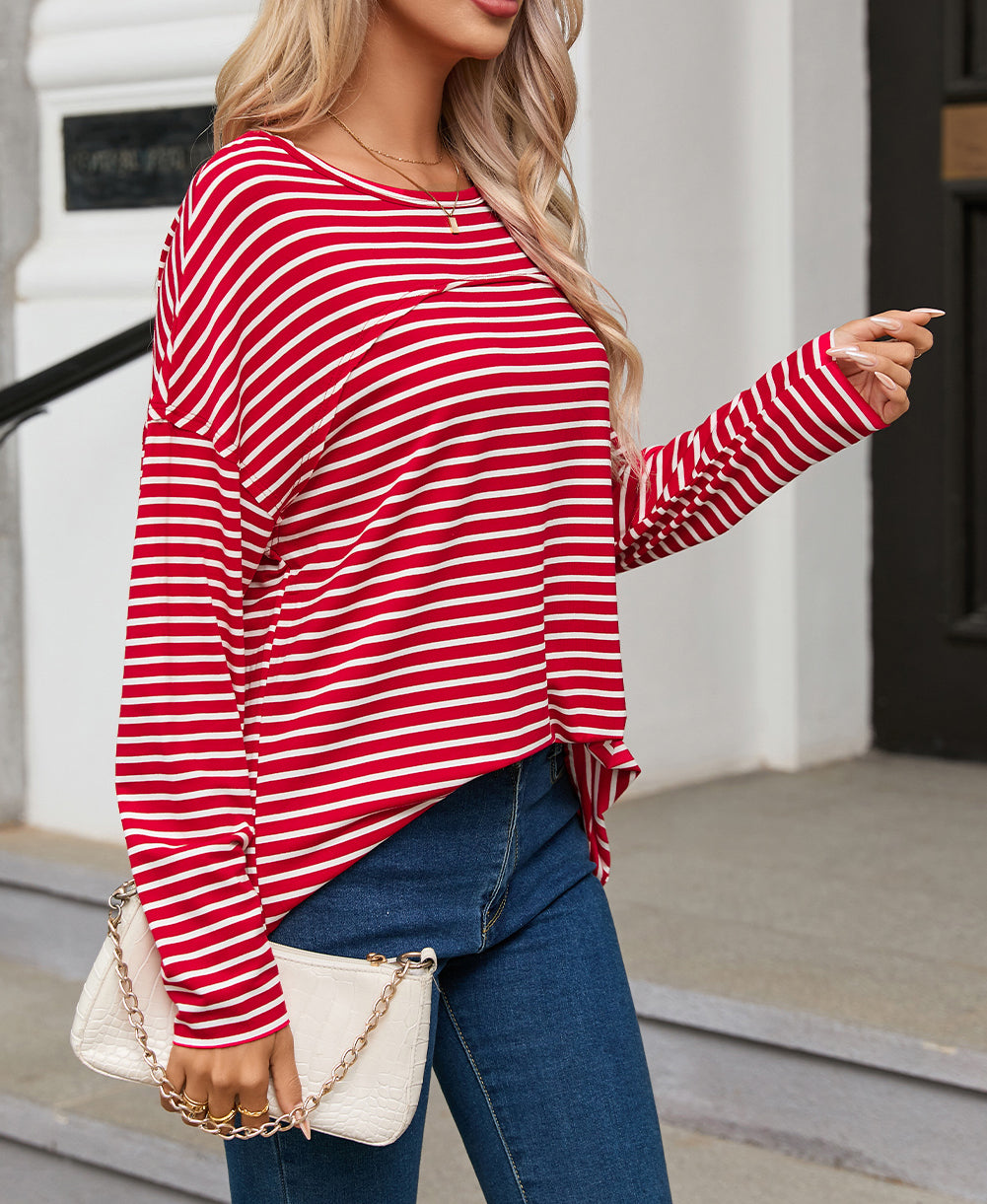 Striped Drop Shoulder Exposed Seam Long Sleeve Top