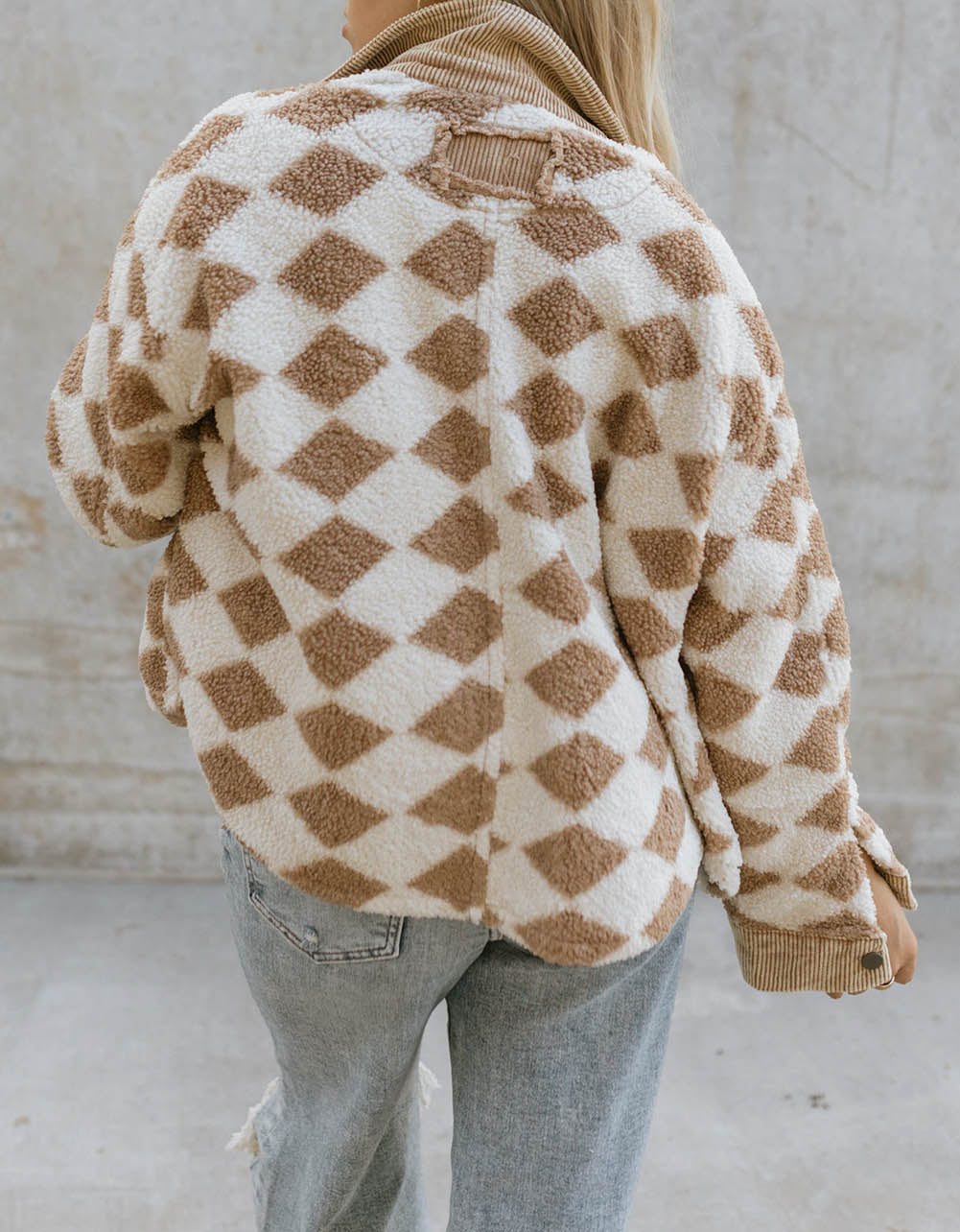 Geometric Pattern Corduroy Patch Pockets Sherpa Jacket