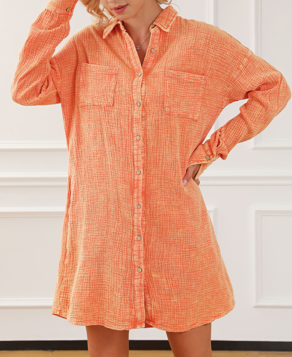 Crinkled Dual Chest Pocket Oversized Shirt Dress