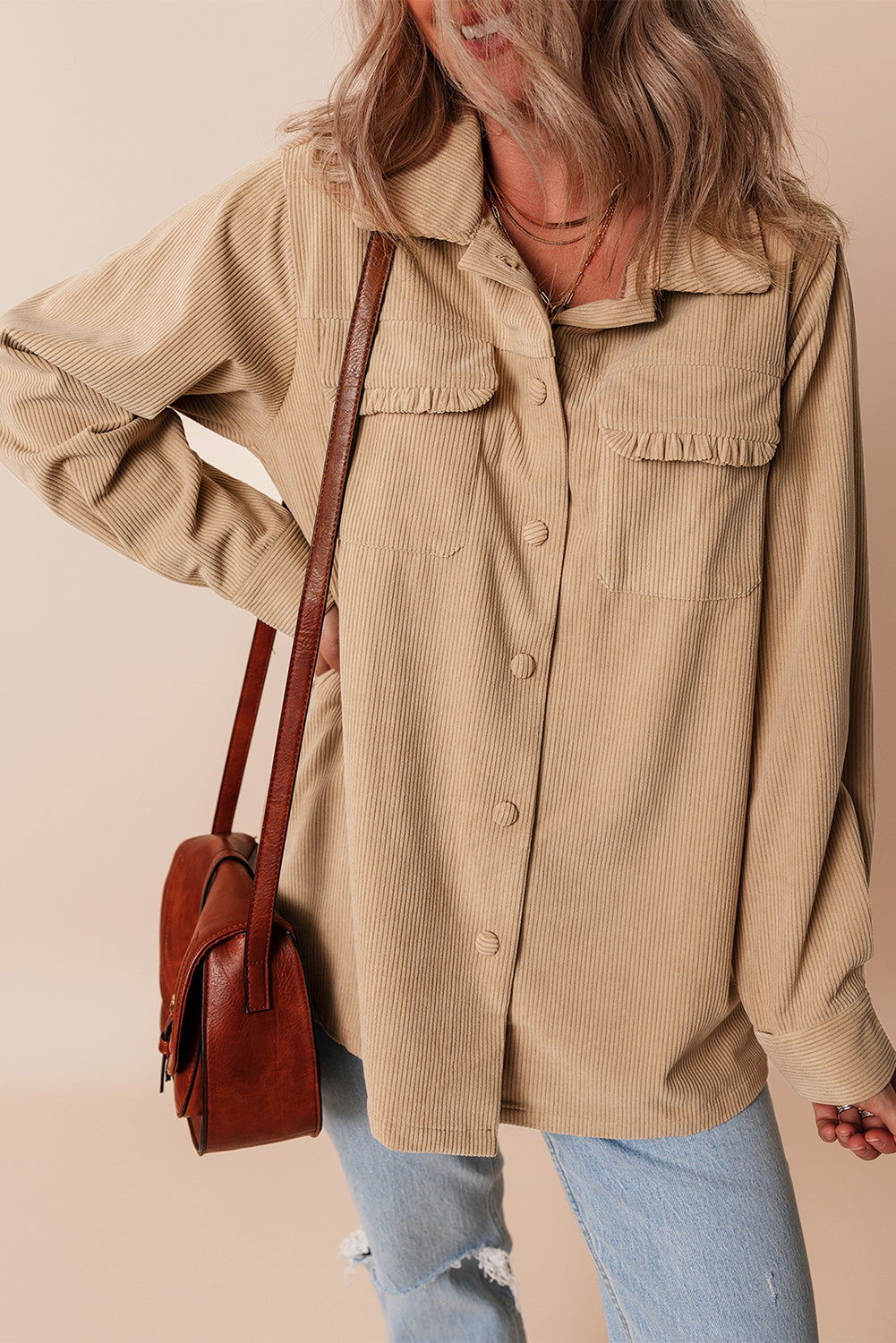 Solid Frilled Flap Pocket Button Up Corduroy Shacket