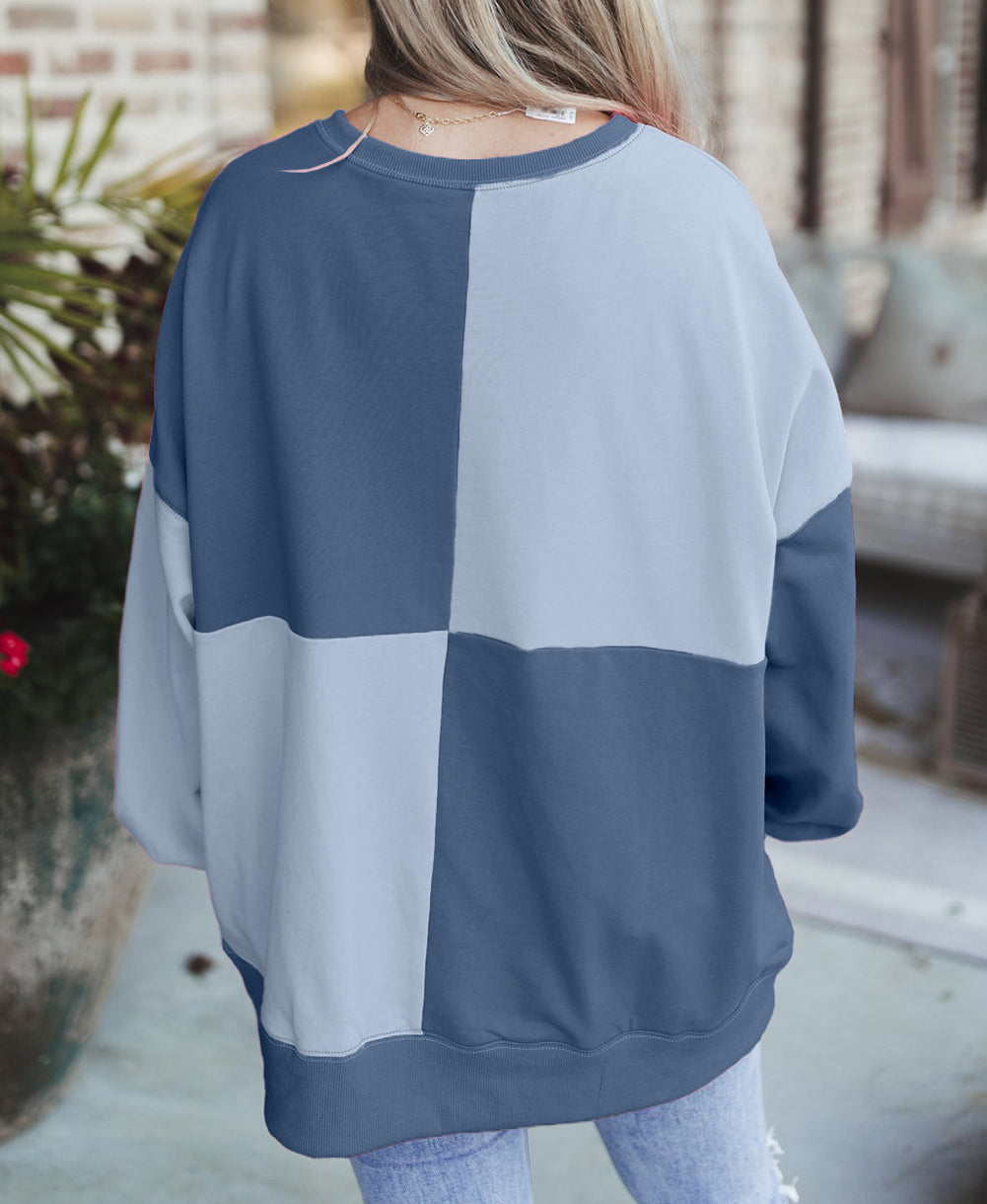 Colorblock Henley High Low Oversize Sweatshirt