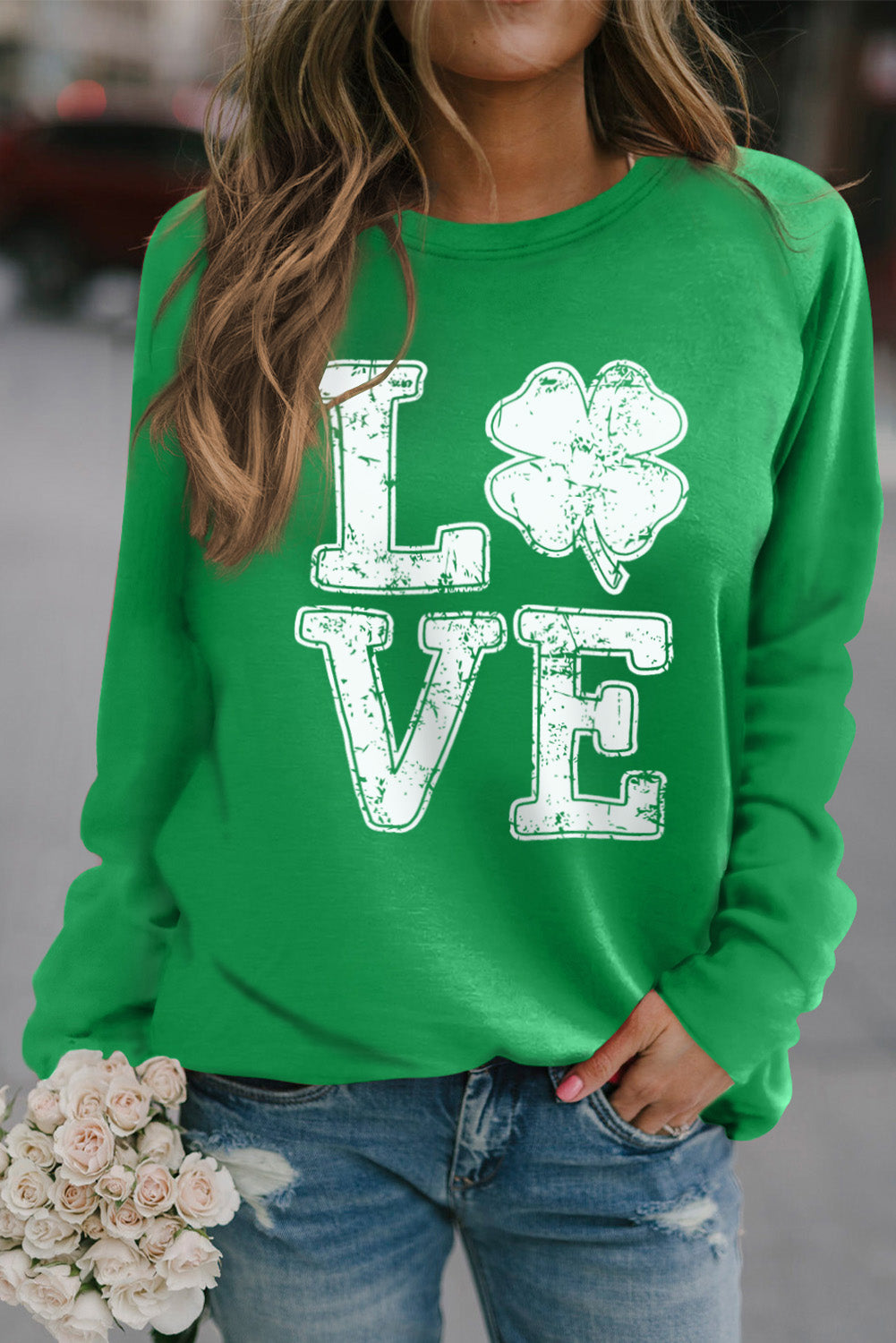 LOVE Clover Print Raglan Sleeve Pullover Sweatshirt