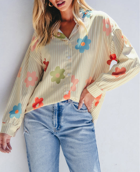 Stripe Flower Print Collared Button-up Loose Fit Shirt