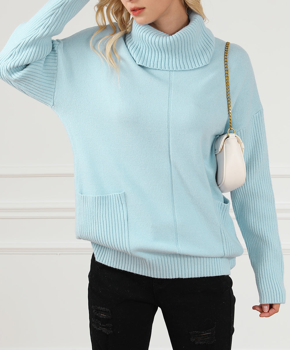 Ribbed Patch Pocket Cowl Neck Tunic Sweater