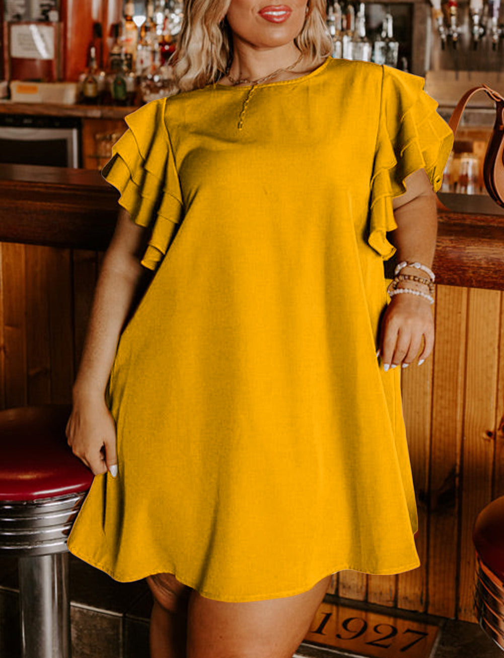 Orange Tiered Ruffled Sleeve Plus Size Mini Dress
