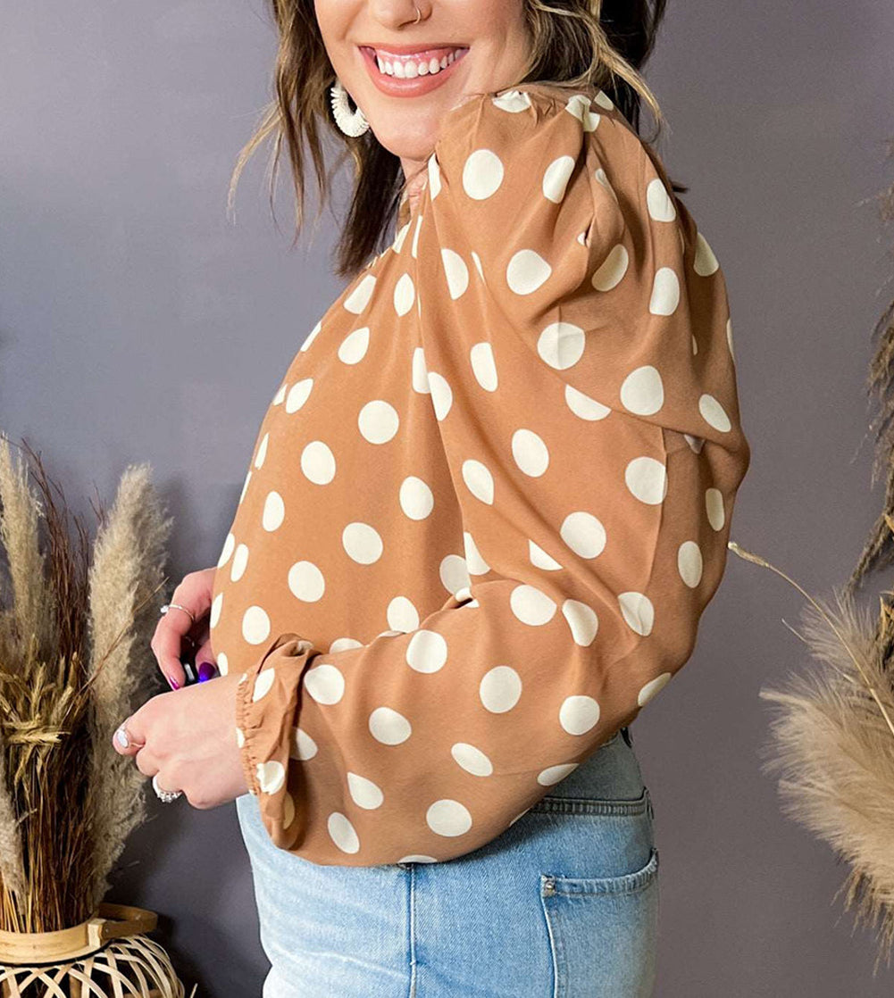 Plus Size Polka Dot Ruched Neckline Puff Sleeve Blouse
