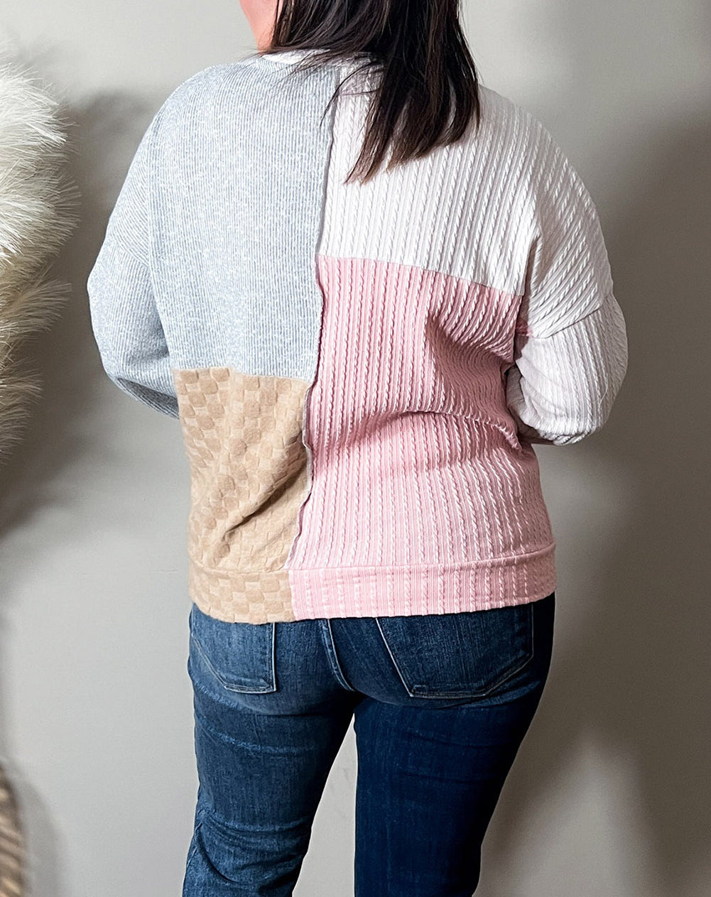 Cable Knit Colorblock Long Sleeve Plus Size Top