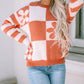 Checkered Floral Print Striped Sleeve Sweater