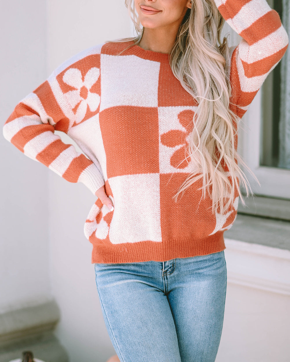 Checkered Floral Print Striped Sleeve Sweater