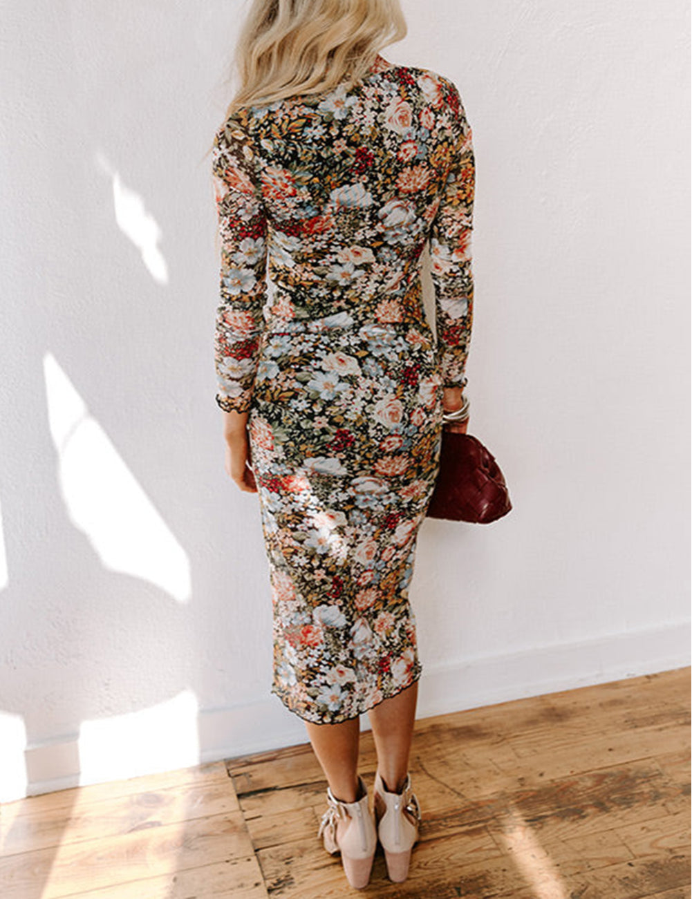 Floral Allover Print Mock Neck Bodycon Long Sleeve Midi Dress