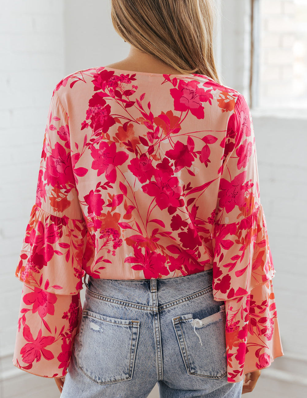 Floral Print Tiered Bell Long Sleeve Buttoned Bodysuit