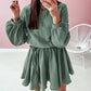 Button Neck Puff Sleeve Belted Pleated Mini Dress