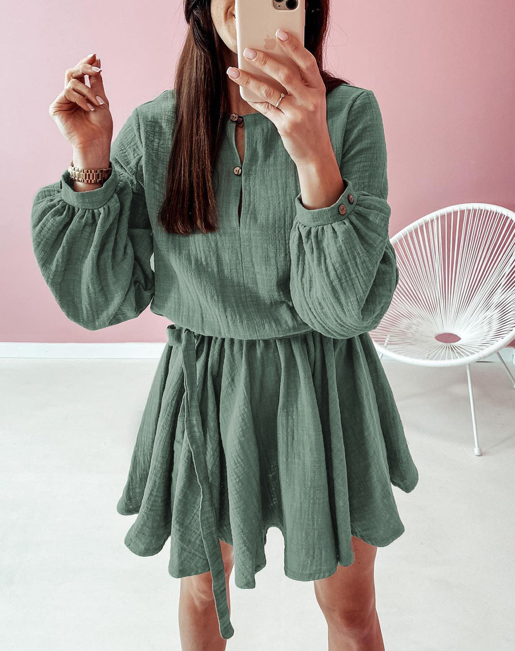 Button Neck Puff Sleeve Belted Pleated Mini Dress